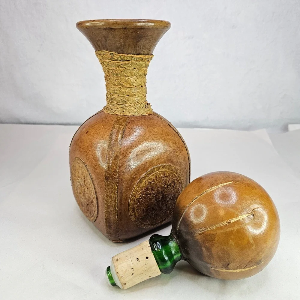 Vintage Brown Leather Decanter Bottle w/ Ball Stopper Rustic Neck Made in‎ Italy